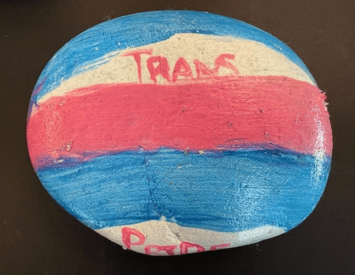 Stone painted with pink and blue trans rights colors and trans pride text